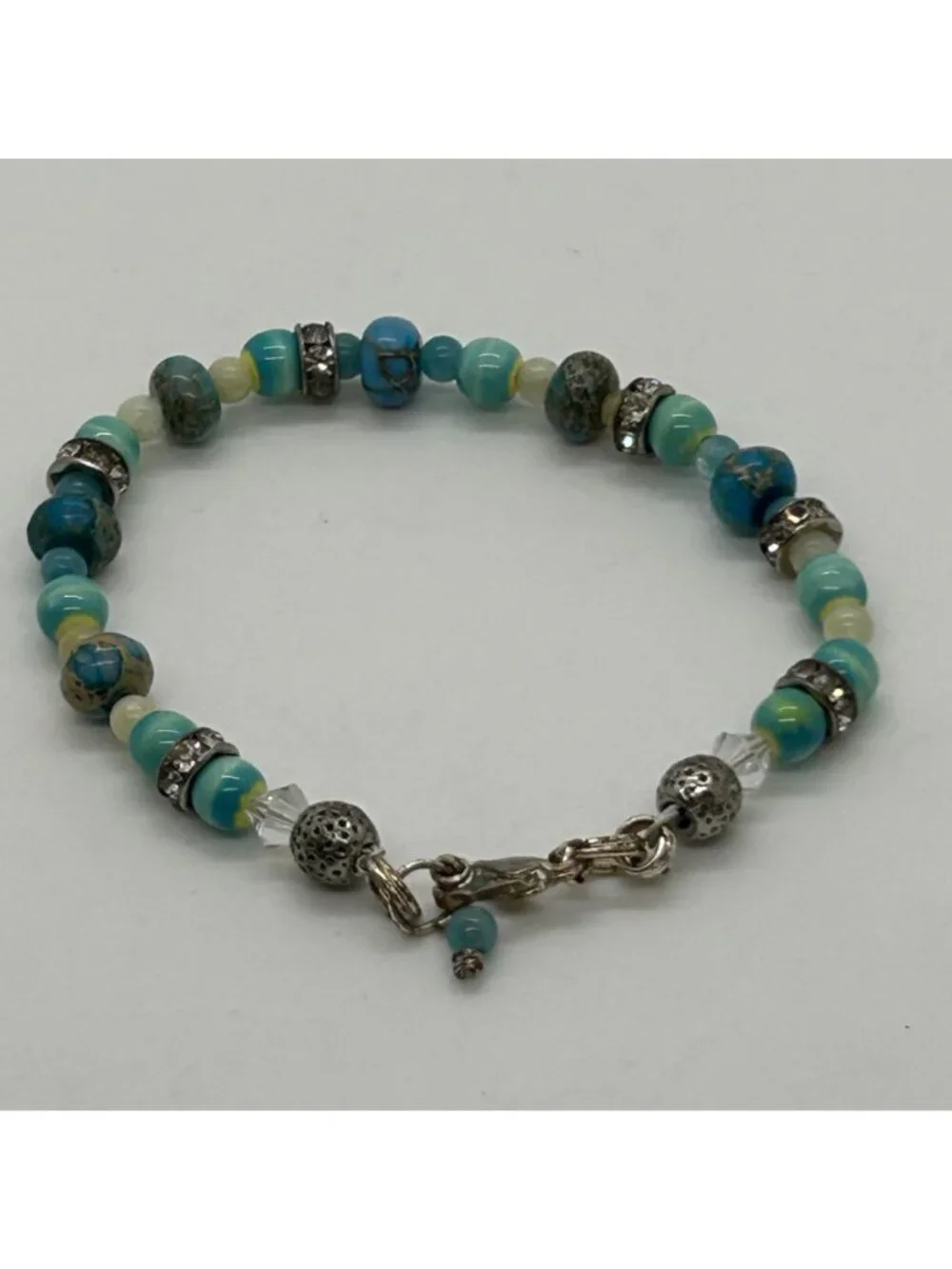 Vintage Turquoise Teal Beaded Bracelet Silver-Tone Rondells Gemstone & Ceramic